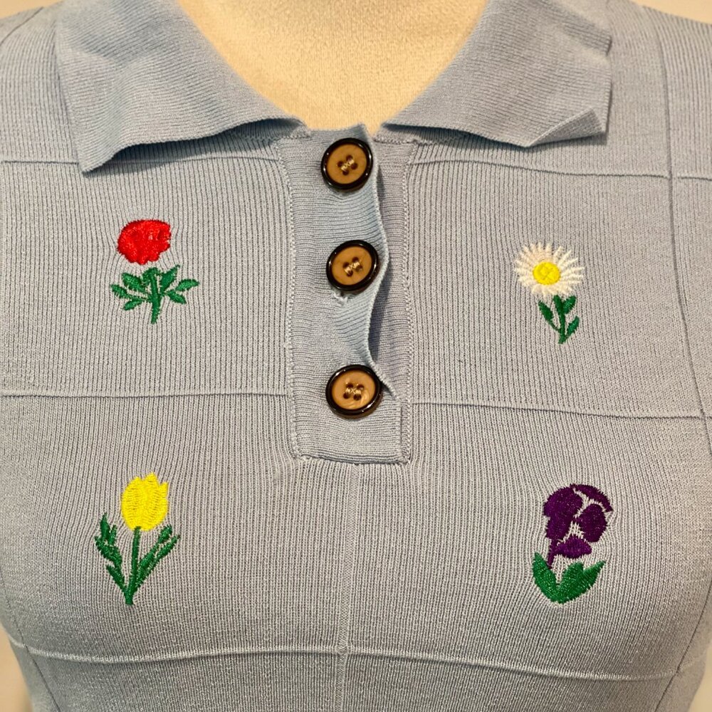 Cider Retro Pale Blue Collar Flowery Crop Embroidery Polo Top - Picture 7 of 10